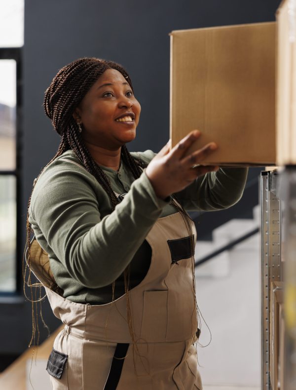 Stockroom worker taking out cardboard box from shelves, preparing customers online orders in warehouse. African american supervisor wearing industrial overall working at products delivery in storehouse